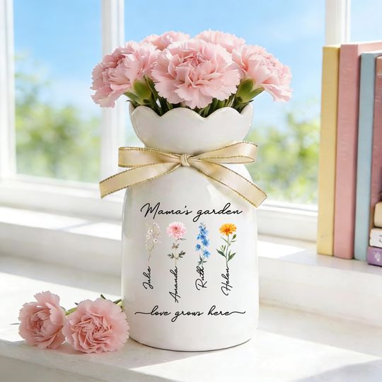 Personalized Grandma's Garden Flower Vase,Mothers Day Gift from Kids Grandkids,Birth Flower Vase,Ceramic Flower Vase,Gift for Mom Nana
