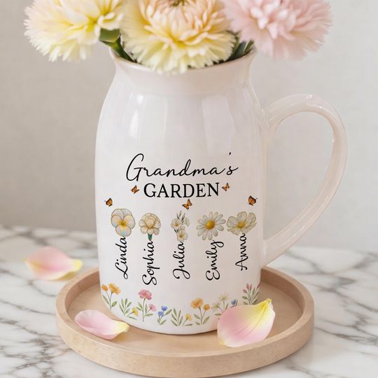 Grandmas Garden Personalized Flower Vase, Custom Names Ceramic Vase with Flowers and Butterflies, Gift for Grandmother