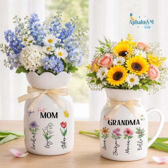 Discover Custom First Mom Now Grandma Ceramic Flower Vase, Birth Month Flower Vase, Grandmas Garden Vase, Birthday Gift for Mom Nana,Mothers Day Gift