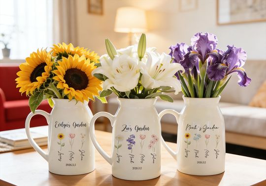Personalized Ceramic Birth Flower Vase, Custom Family Names Garden Gift,Mothers Day Vase,Gift for Mom,Flower Garden Vase