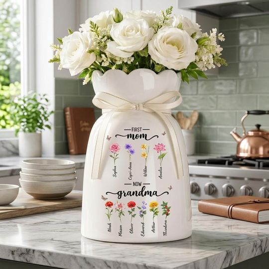 Custom First Mom Now Grandma Ceramic Flower Vase, Birth Month Flower Vase, Grandmas Garden Vase, Birthday Gift for Mom Nana,Mothers Day Gift
