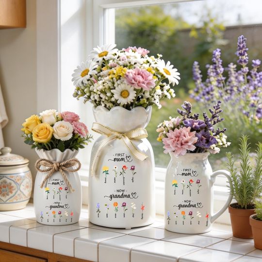 Personalized First Mom Now Grandma Birth Flower Vase, Custom Flower Keepsake With Name Vase, Unique Gift for Mother/Nana/Nanny/Grandma