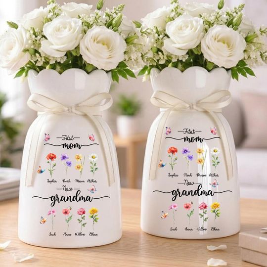 Discover Custom First Mom Now Grandma Ceramic Flower Vase, Birth Month Flower Vase, Grandmas Garden Vase, Birthday Gift for Mom Nana,Mothers Day Gift