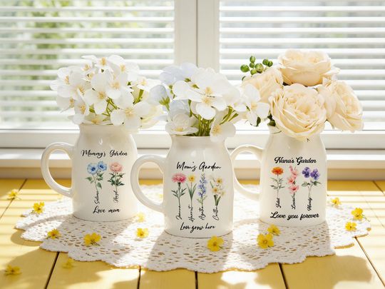 Discover Personalized Ceramic Flower Vase with Birth Month Flowers Custom Moms Garden Jug Mothers Day Gift Grandma Gift Decor Family Garden Decor