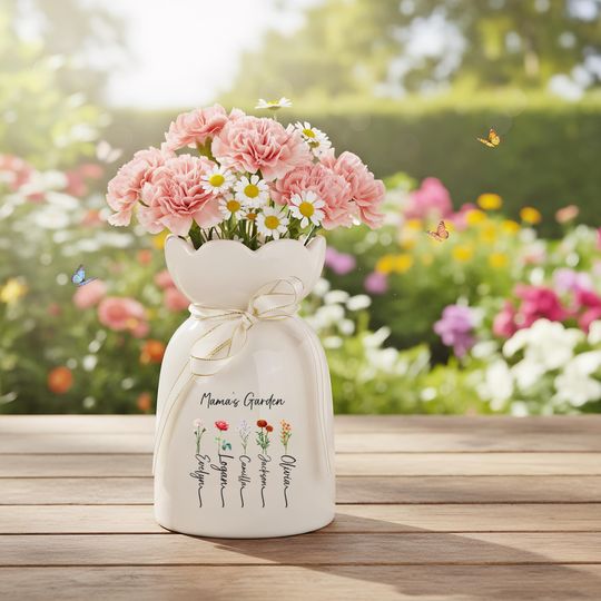 Personalized Mom Vase, Custom Mamas Garden Vase, Birth Flower Gift for Mom, Mothers Day Gift from Kids, Custom Name Flower Vase