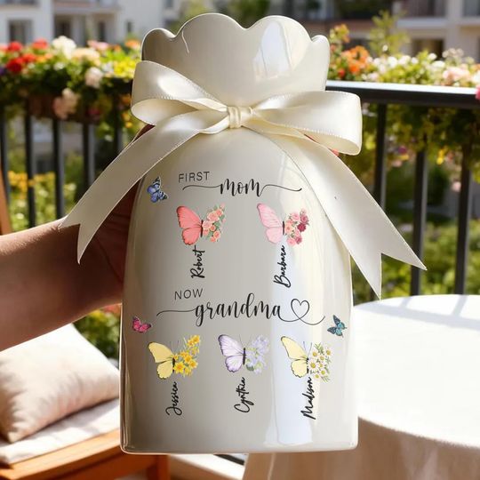 Custom First Mom Now Grandma Vase: Nana's Garden Flower Vase, Birth Month Butterfly & Flower Vase