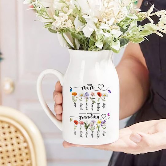 Custom First Mom Now Grandma Ceramic Flower Vase, Birth Month Flower Vase, Grandmas Garden Vase, Birthday Gift for Mom Nana,Mothers Day Gift