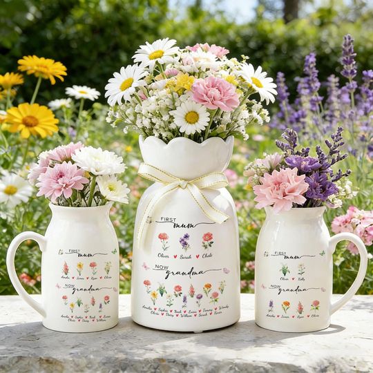 Custom First Mom Now Grandma Ceramic Flower Vase,Mothers Day Gift,Grandmas Garden Vase,Birth Month Flower Vase,Birthday Gift for Mom Nana