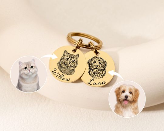 Discover Pet Memorial Keychain with Photo, Personalized Dog or Cat Portrait Keyring, Custom Pet Gift