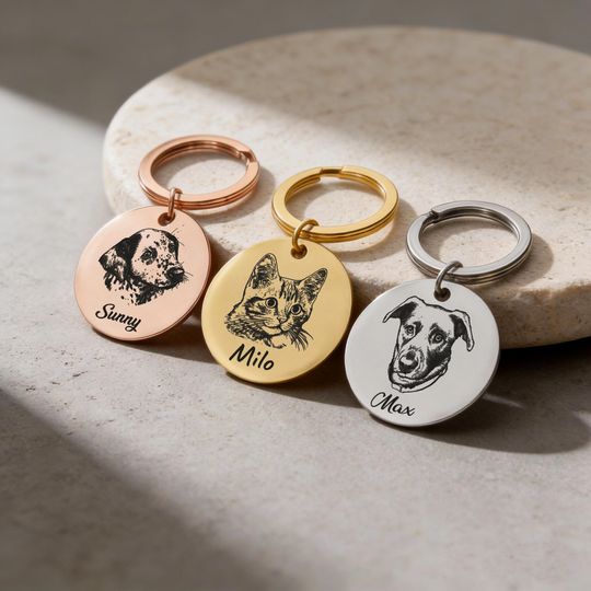 Engraved Pet Portrait Keychain, Customized Pet Photo Cat Dog Memorial Gift,  Personalized Pet Remembrance Tag, Pet Loss Gift for Owners