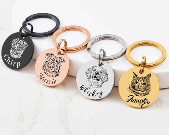 Engraved Pet Portrait Keychain, Personalized Dog and Cat Memorial Tag, Stainless Steel Custom Sketch Keyring, Great Gift for Pet Owners