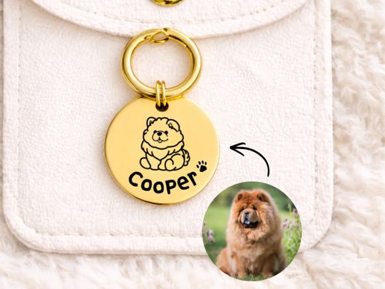 Engraved Cute Pet Portrait Tag, Stainless Steel or Brass Custom Collar Charm, Keyring, Personalized Dog and Cat Image Memorial Tag