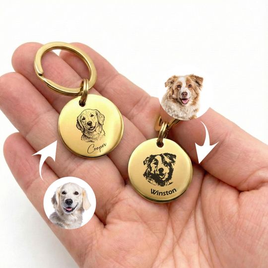 Custom Pet Photo Keychain, Personalized Dog Cat Picture Keychain with Name, Stainless Steel Engraved Pet Memorial Gift for Pet Lovers Plus