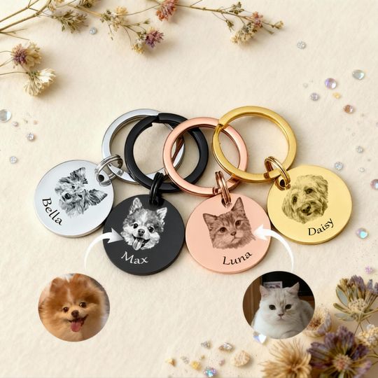 Custom Pet Portrait Keychain, Engraved Stainless Steel Dog Cat Memorial