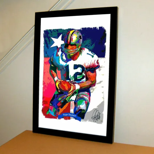 Roger Staubach Dallas Cowboys Football Sports Poster Print Wall Art With Frame