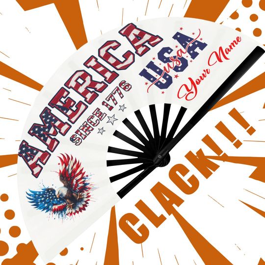 Custom USA 250th anniversary Clack Fan: Personalized Name Fan Gift for Birthday, Rave, Concert