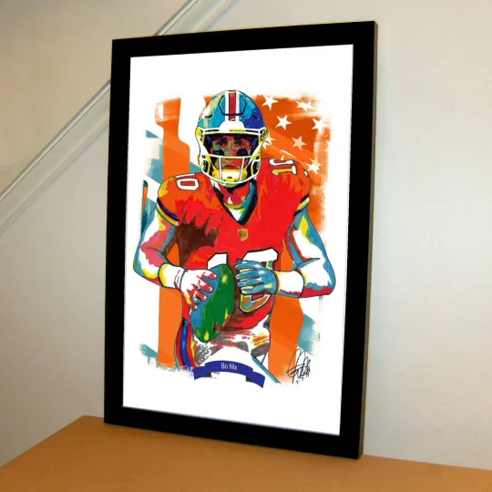 Bo Nix Denver Broncos Quarterback Football Sports Poster Print Wall Art With Frame