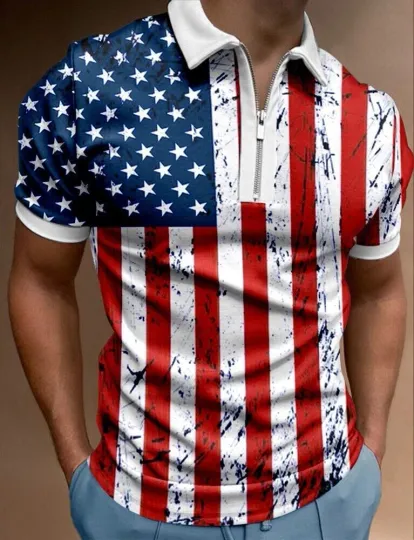 Polo T-Shirts Men Zipper USA American Flag Casual Golf Fashion Sport T Shirt Tee