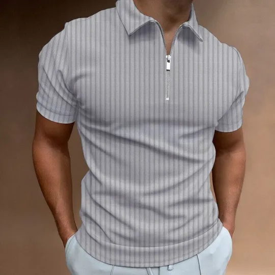 Polo Shirt Men Zipper Collar Fashion Gray Pinstripe Casual T-Shirt Golf Zip Tee