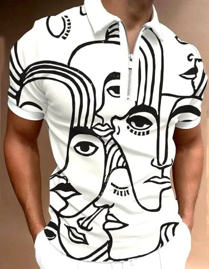Polo T Shirts Men Zipper Collar Black White Abstract Face Print Short Sleeve Tee