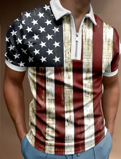 Polo T Shirts Men Zipper USA American Flag Casual Golf Fashion Sport T-Shirt Tee