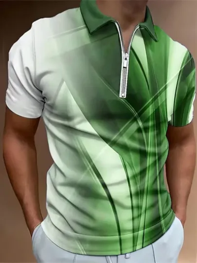Polo T Shirts Men Zipper Collar Abstract Print Green White Contrast Color Golf