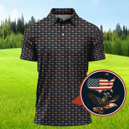 Discover Eagle Golf Polo Shirt with American Flag and Bald Eagle Pattern for Men