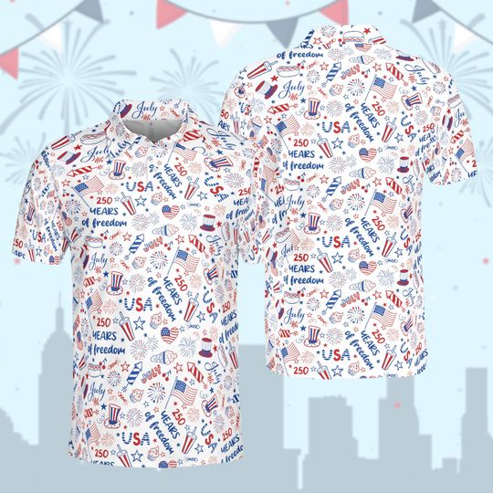 Discover USA 250 Years of Freedom Polo Shirt, July 4th American Flag Independence Day Red White Blue Polo