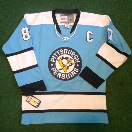 Discover Sidney Crosby Pittsburgh Penguins Blue & White 1968-'71 Throwback CCM NHL Jersey