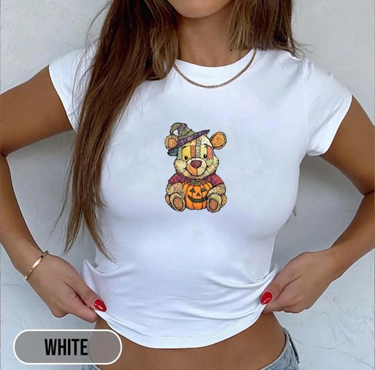Discover Vintage Cute Pooh Bear Patchwork Fall Vibe Baby Tee, Spooky Season Shirt, Pooh Bear Halloween Shirt, Disney Baby Tee Y2k Clothing