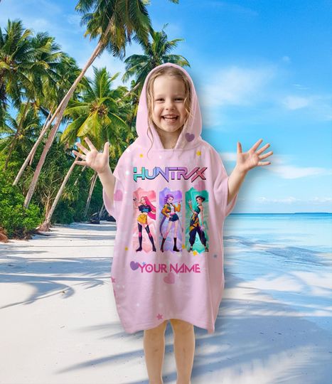 Custom Kpop Demon Hunters Huntrix Kids Hooded Beach Towel, Kpop Anime Pool Towel, Huntrix Saja boys Fan Gift for Girls Trip, Summer Vacation