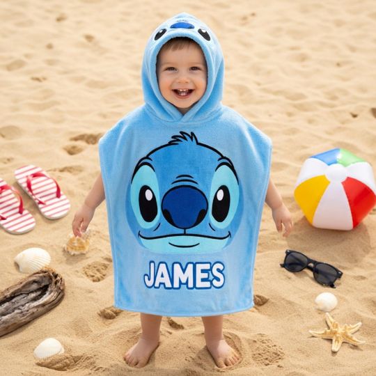 Lilo & Stitch Stitch Kids Hooded Towel, Personalized Baby Beach Towel,Cute Cartoon Bath Towel for Toddler,Summer Pool Gift,Custom Name Towel
