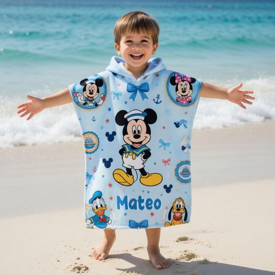 Personalized Disney Cruise Kid Hooded Towel, Coquette Bows Disney Beach Poncho with Name, Boys Girls Summer Vacation Gift, Mickey & friends
