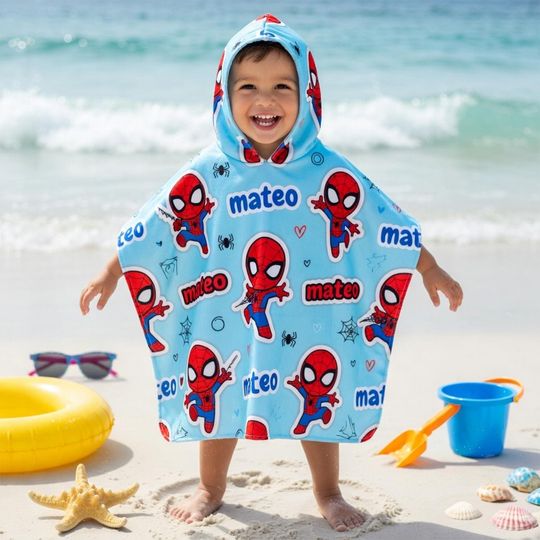 Personalized Spider-Man Hooded Towel, Custom Name Superhero Beach Towel for Kid, Toddler Bath Towel, Pool Towel Gift, Summer Beach Essential
