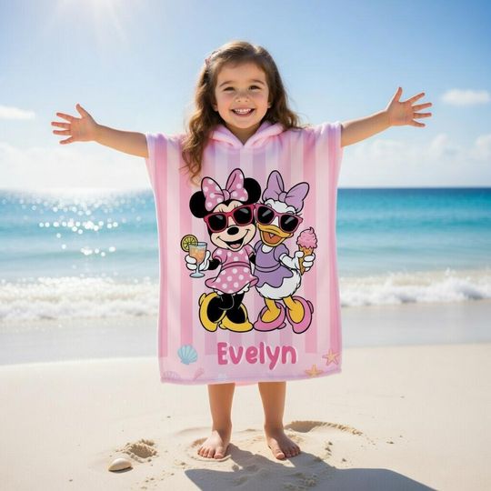 Discover Personalized Minnie Daisy Hooded Towel for Girls, Custom Name Kids Pink Beach Poncho Towel, Minnie Daisy Summer Gift, Best day Ever