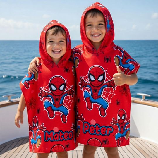 Personalized Spiderman Kids Hooded Towel, Custom Name Beach Poncho for Boys, Spider Man Bath Towel, Cartoon Kids Pool Towel Gift