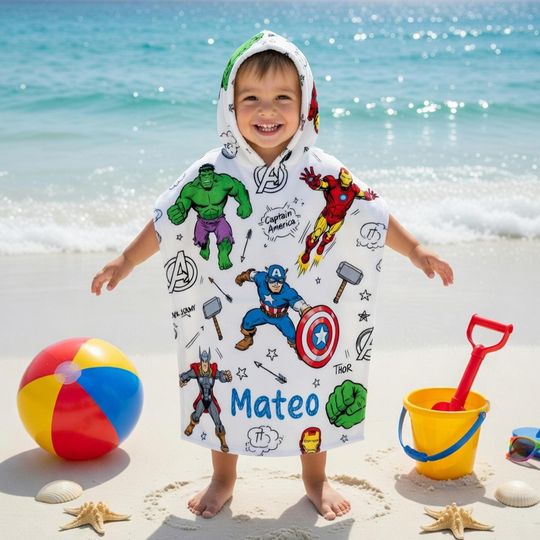 Personalized Marvel Superhero Kids Hooded Towel, Custom Name Beach Poncho, Avengers Spiderman Hulk Bath Towel, Boys Summer Gift