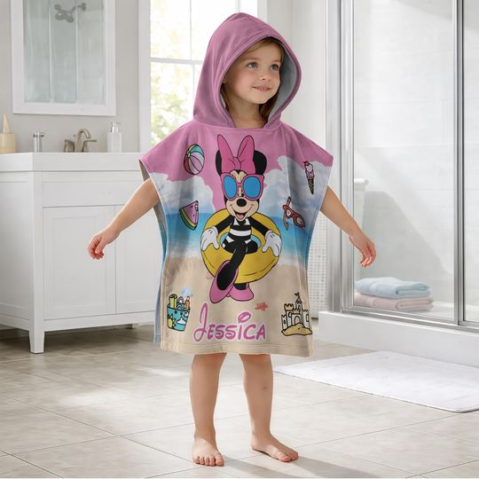 Personalized Minnie Summer Kid Hooded Towel,Custom Name Beach Poncho for Boys & Girls, Cute Summer Pool Towel,Cute Cartoon Bath Towel