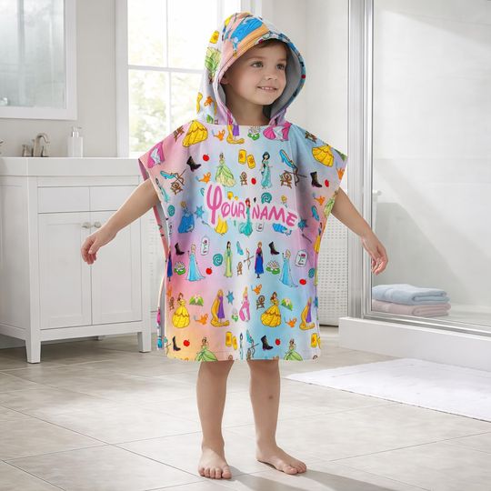 Discover Custom Disney Princesses Hooded Towel Set for Kids, Princess Beach Poncho, Disney Bath Towel with Custom Name, Toddler Pool Gift