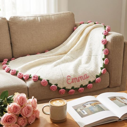 Personalized Crochet Rose Bouquet Blanket with Name, Custom Embroidered Gift for Birthdays and Mothers Day