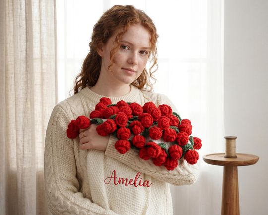 Personalized Rose Bouquet Blanket, Crochet Rose Blanket with Name, Gift for Mom, Birthday and Wedding