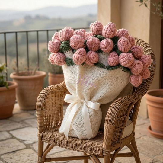 Knitted Rose Bouquet Blanket with Embroidered Floral Design, Crochet Pink Rose Throw, Gift for Mom