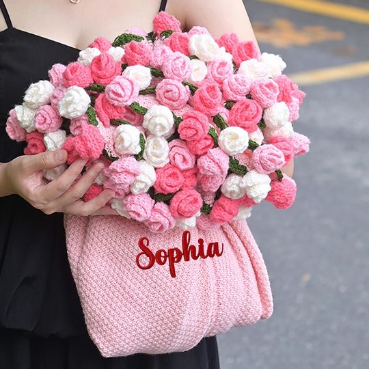 Personalized Pink Crochet Rose Bouquet Blanket with Embroidered Name