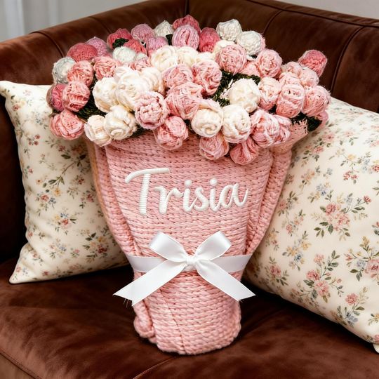 Crocheted Rose Blanket with Custom Embroidered Name, Floral Knit Throw, Cottagecore Home Decor