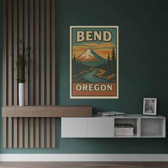Bend Oregon Waterproof Travel Poster Vintage Mountain River Art