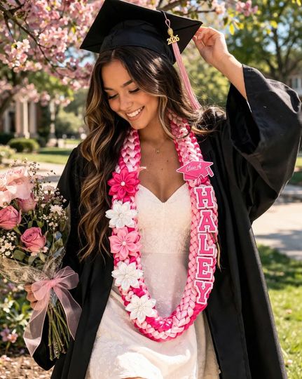 Personalized Graduation Lei Pink Flower, Custom Name Class of 2026 Lei, Graduation Gift for Her, Senior Grad Party Lei Necklace