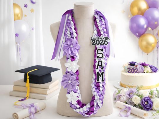 Personalized Tri-Color Graduation Lei, Custom Double Braided Ribbon Lei, Class of 2026 Grad Gift, Graduation Party Decor, Grad Accessory
