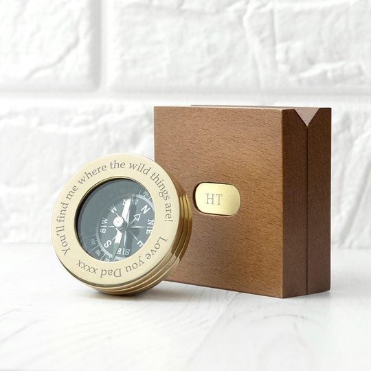 Personalised Brass Compass with Engraved Wooden Box