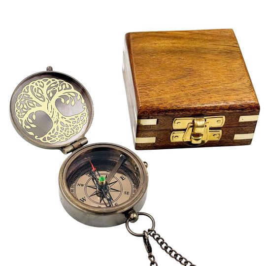 Personalised Bronze Compass with Leather Case: Engraved Gift with Your Message