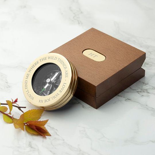Personalised Brass Travellers Compass with Wooden Box - Travel Gift - Keepsake Gift - Father's Day Gift - Birthday Gift for Him -Compass